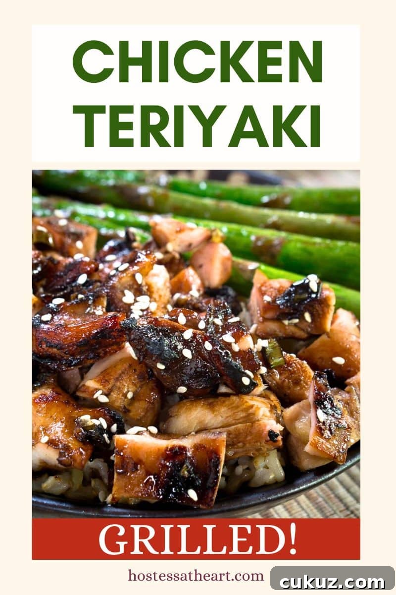 Sticky Teriyaki Grilled Chicken Bowl with Jasmine Rice 6 An image for Pinterest of a bowl filled with grilled teriyaki chicken and asparagus over a bed of rice - Hostess At Heart