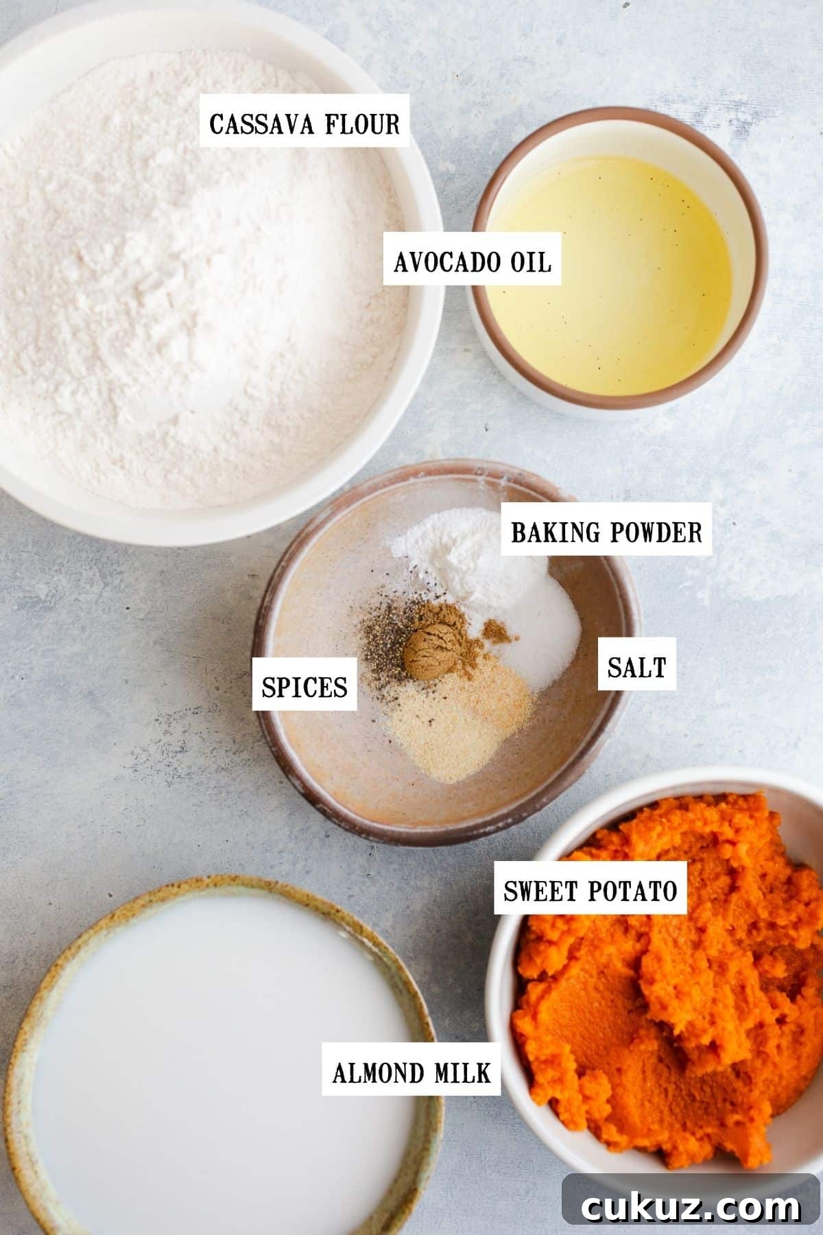 Ingredients to make flatbread in small bowls.