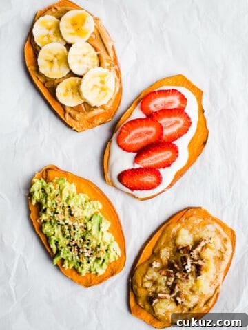 Sweet potato toast with four different toppings.