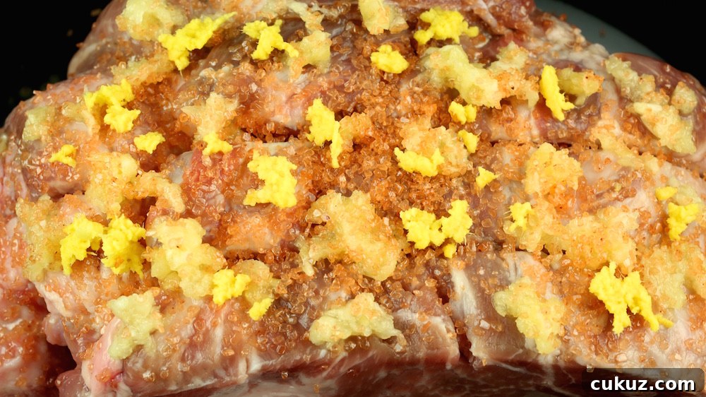 Raw pork in the crock put with grated ginger, minced garlic, and pink salt on top.