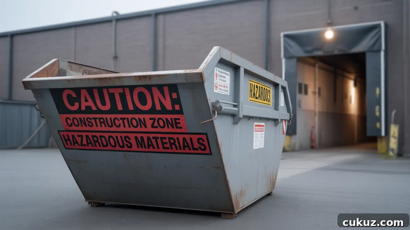 A photograph of a large, industrial skip bin positioned on a paved loading dock