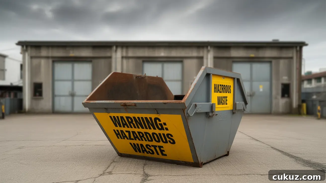 A photograph of a large, industrial-grade skip bin positioned on a slightly cracked concrete