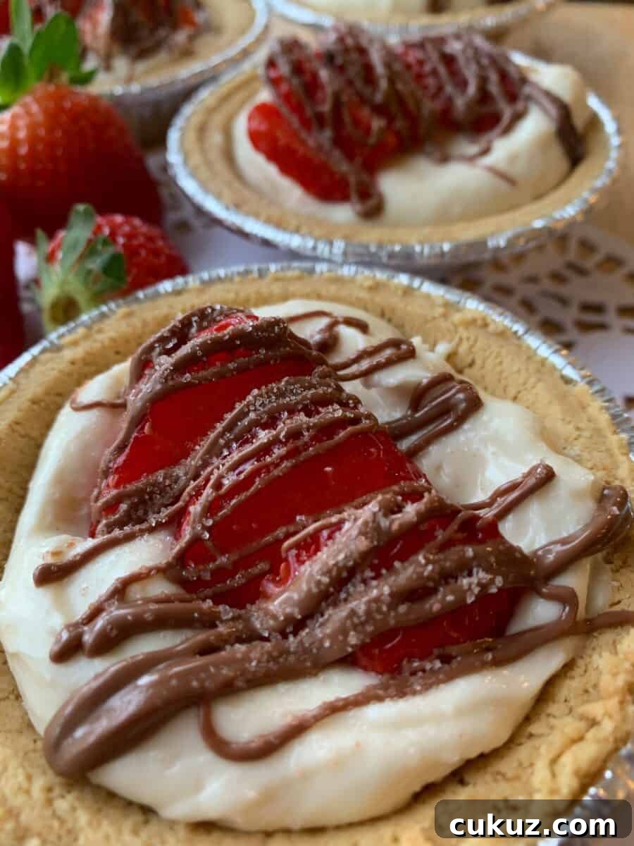 Chocolate strawberry pie with chocolate drizzled across the top of sliced berries.