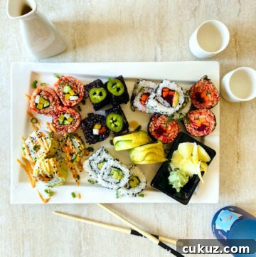 vegetable sushi--different kinds on plate next to chopsticks and sake