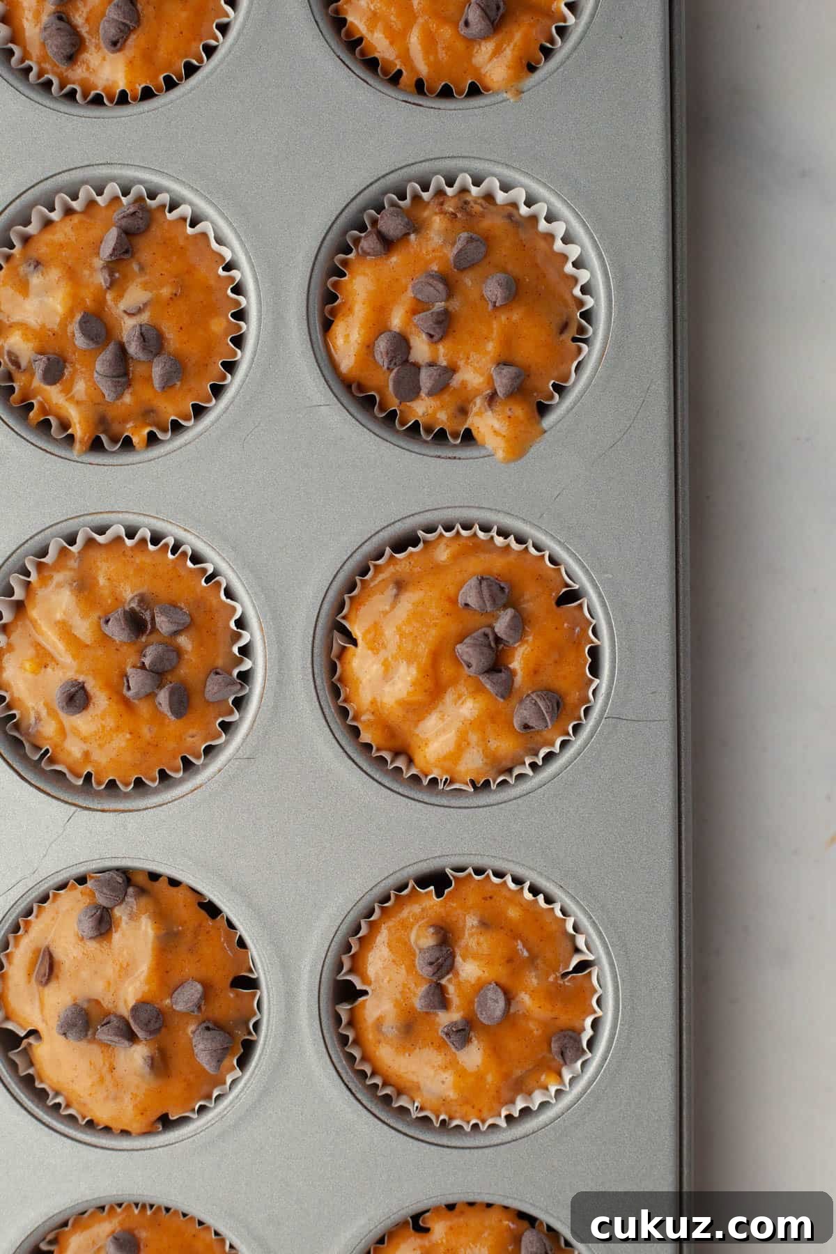 A close up of unbaked pumpkin mini muffins topped with mini chocolate chips.