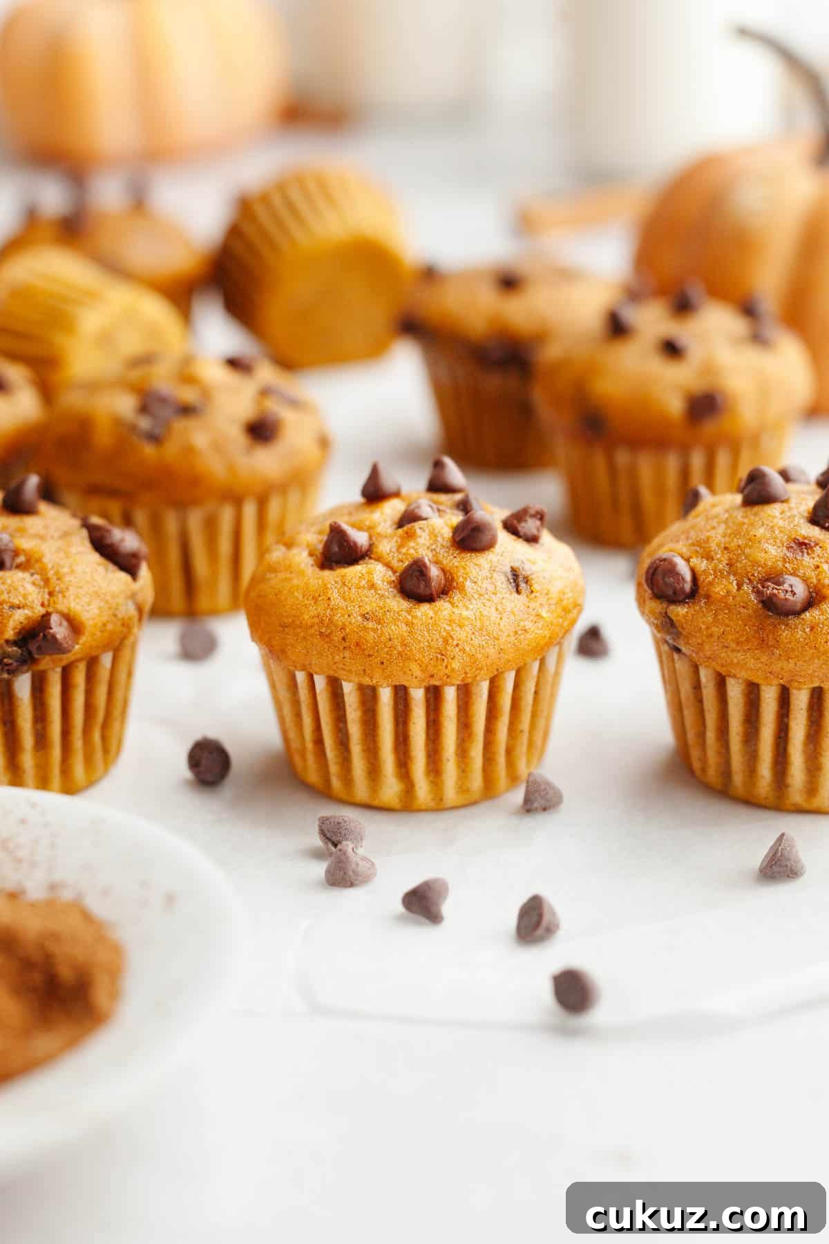 Pumpkin mini muffins with chocolate chips on parchment paper.