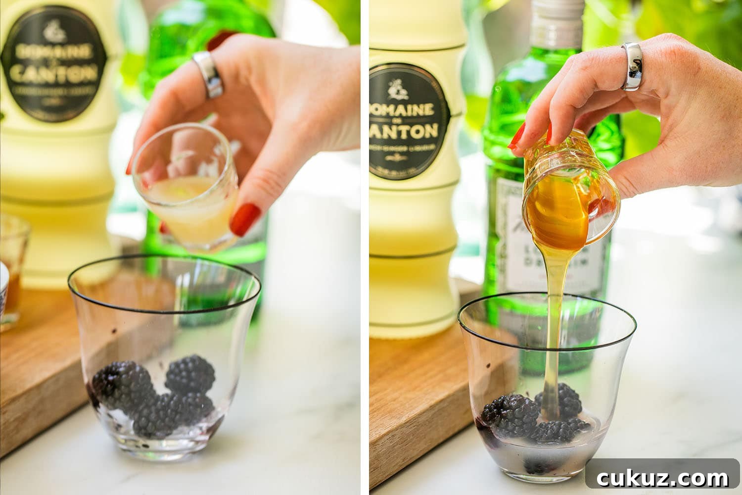 pouring lemon juice and honey into a glass of blackberries