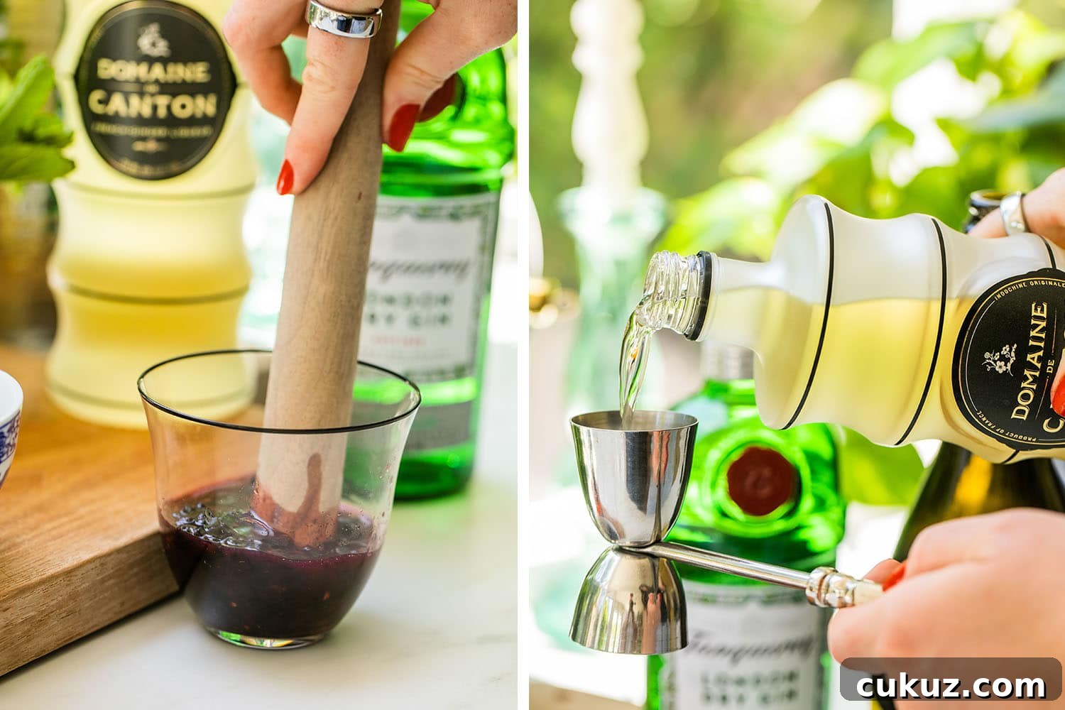 muddling the blackberries and adding the ginger liqueur 