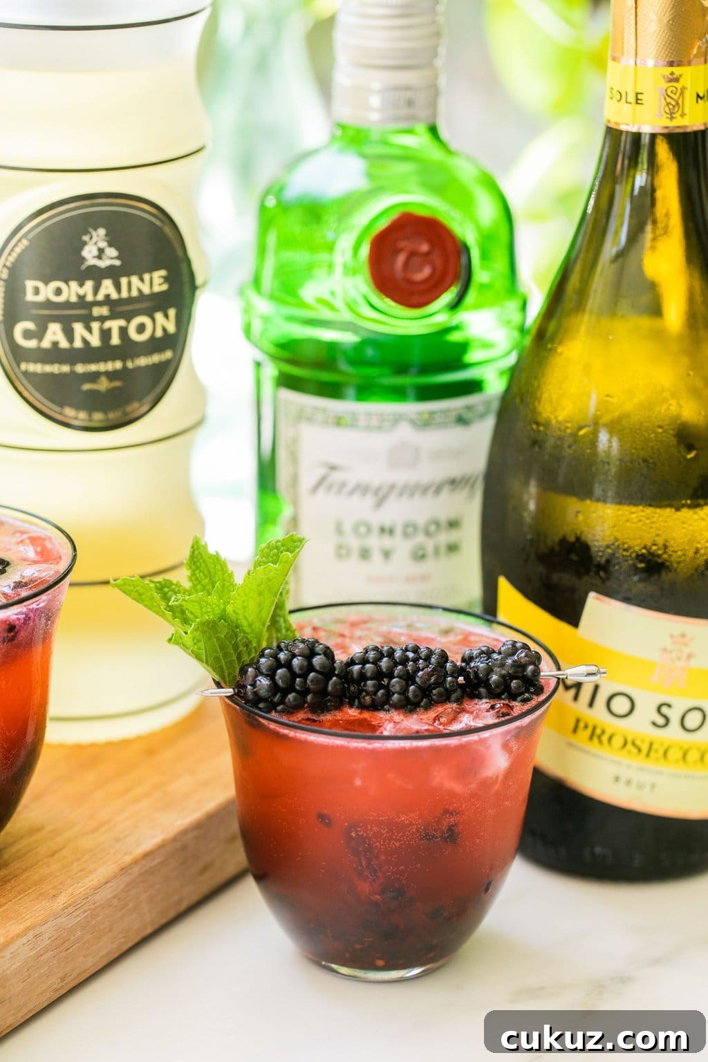 a blackberry gin spritz surrounding by bottles of prosecco, gin, and ginger liqueur 