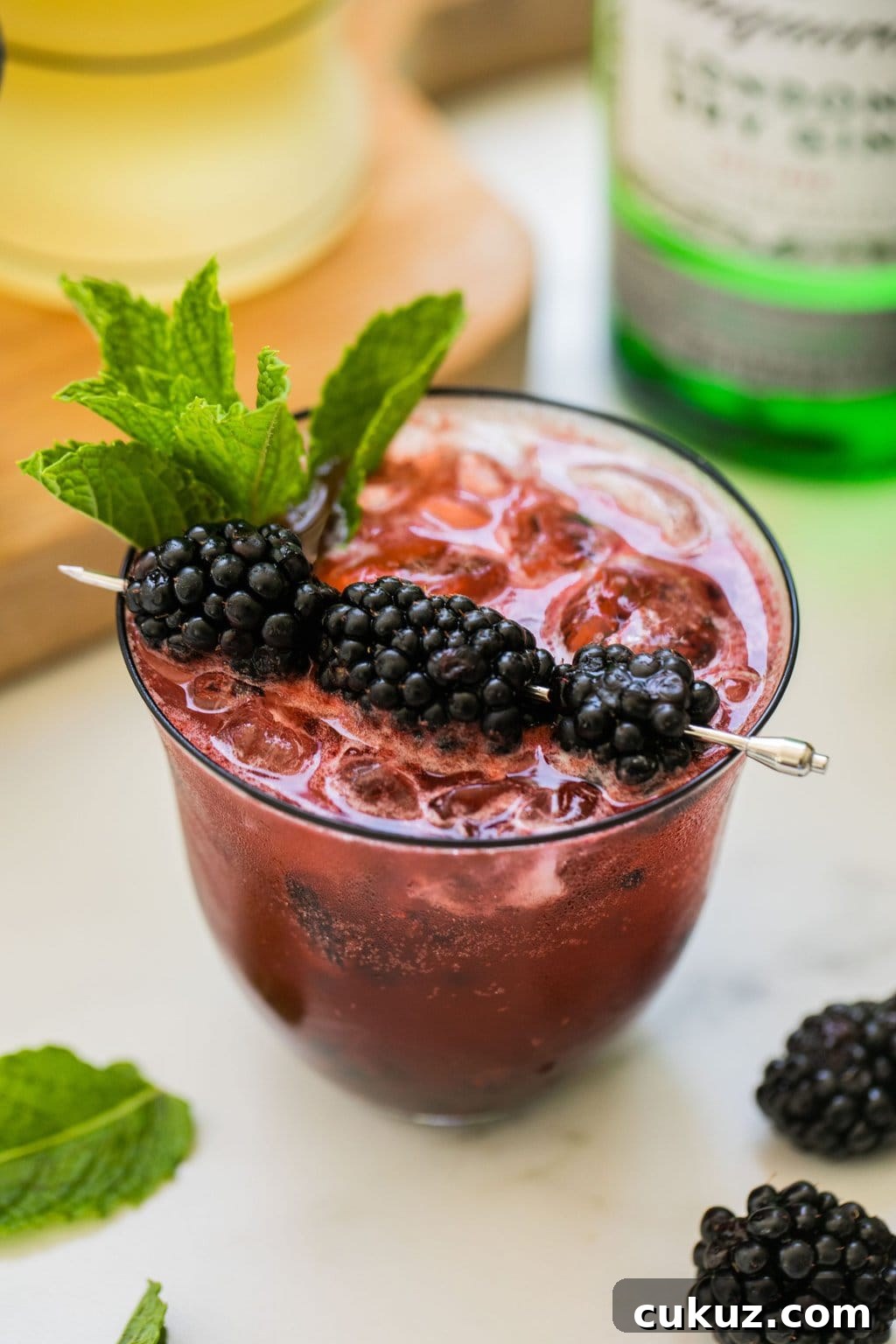 a blackberry gin spritz garnished with blackberries and mint