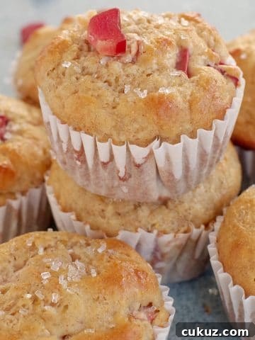 rhubarb muffin stacked on top of other rhubarb muffins with a piece of rhubarb on top