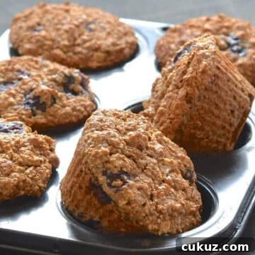 vegan blueberry bran muffins in a muffin tin