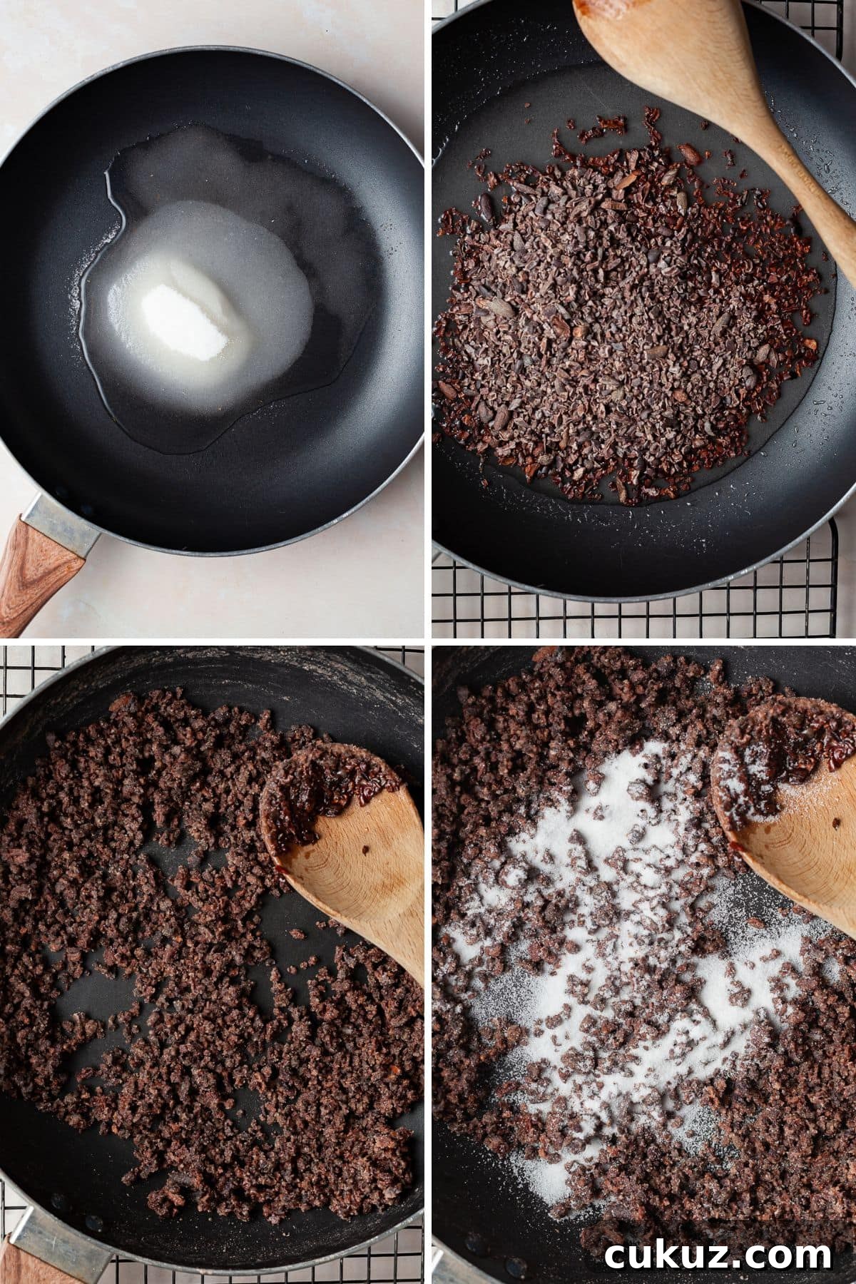 Candied cocoa nibs in pan