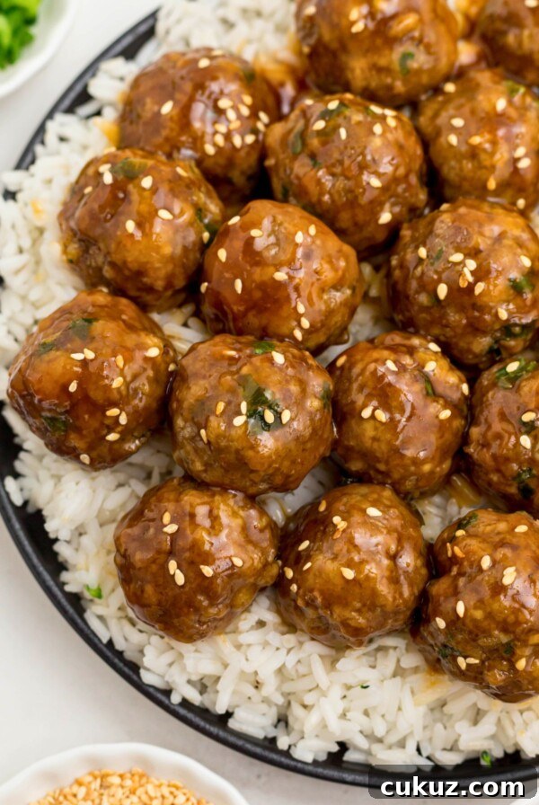 Black plate topped with white rice and juicy meatballs surrounded by chopped onions and sesame seeds on a marble table.