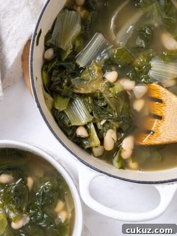 A dutch oven filled with escarole and beans along with a bowl of the same.